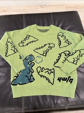 Aelfric Eden Lime Green Crewneck Sweater with Blue Dino Motif
